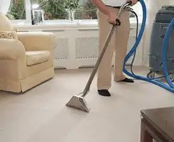 Carpet cleaning professional removing dirt and stains with a hot-water extraction tool in a home, Columbus, GA.