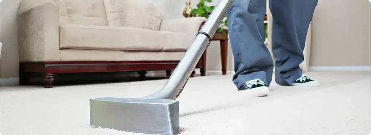Carpet cleaning technician using a hot-water extraction wand on a light-colored carpet in a living room, Columbus, GA.